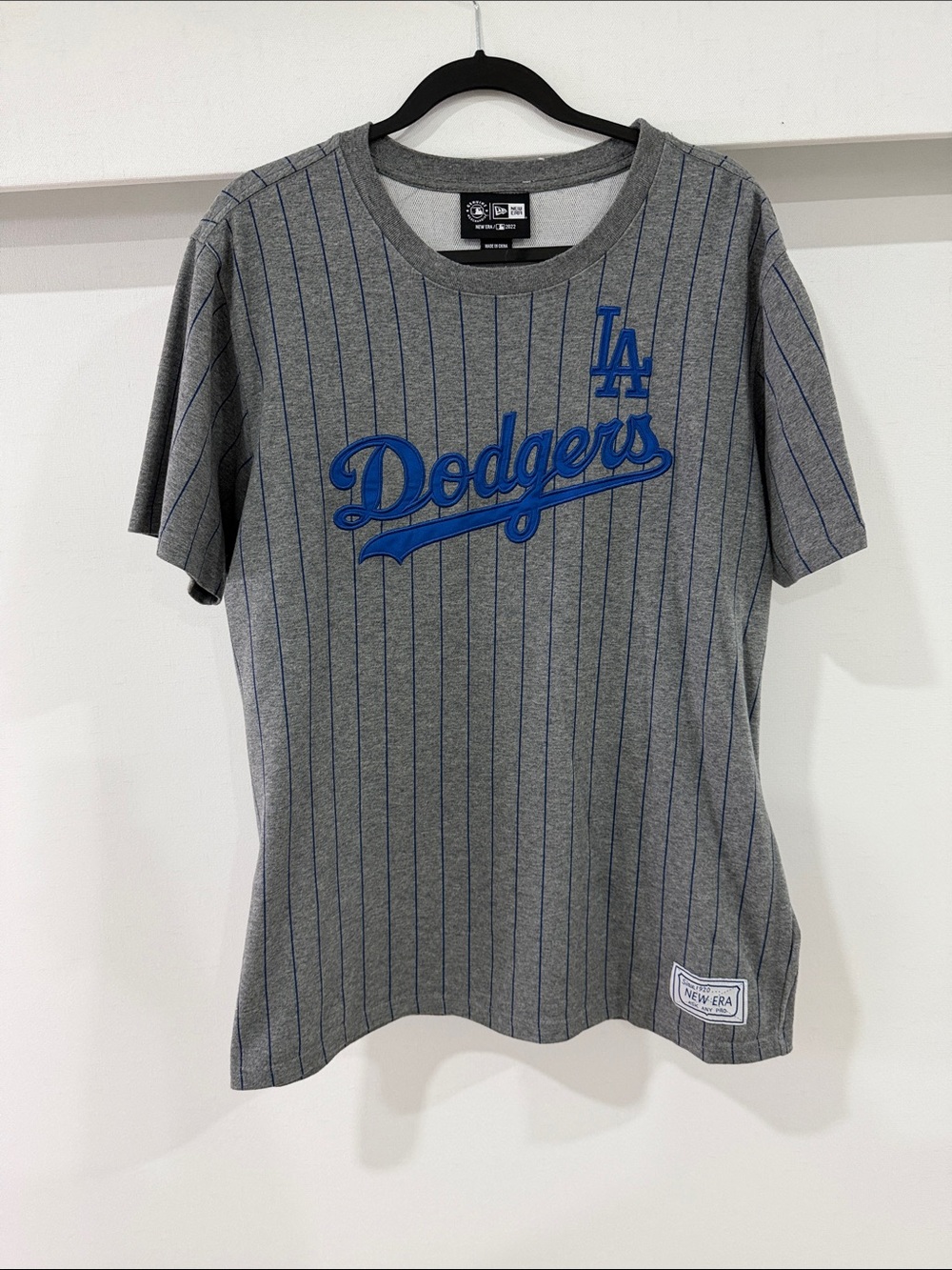 New Era Gray Pinstripe Dodgers Tee with Royal Blue Logo